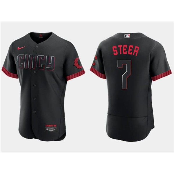 Cincinnati Reds #7 Spencer Steer Black 2023 City Connect Flex Base Stitched Jersey