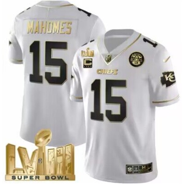 Kansas City Chiefs #15 Patrick Mahomes White With Gold Super Bowl LVIII Patch And 4-Star C Patch Vapor Untouchable Limited Stitched Jersey