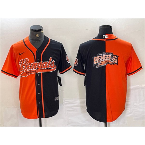 Cincinnati Bengals Team Big Logo Black Orange Split With Patch Cool Base Stitched Jersey