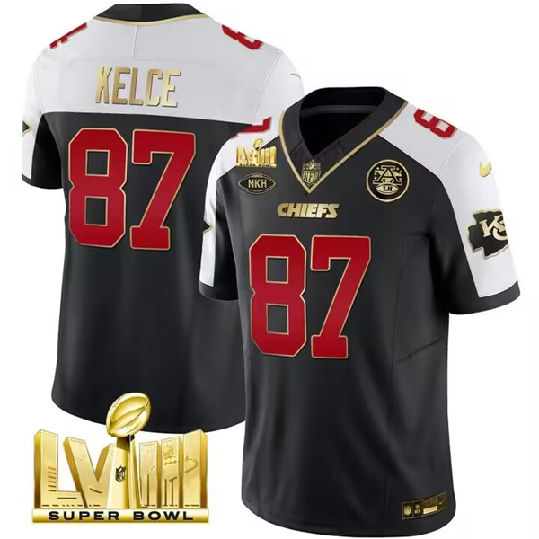 Kansas City Chiefs #87 Travis Kelce Black White 2024 F.U.S.E. Super Bowl LVIII Patch With "NKH" Patch Vapor Untouchable Limited Stitched Jersey