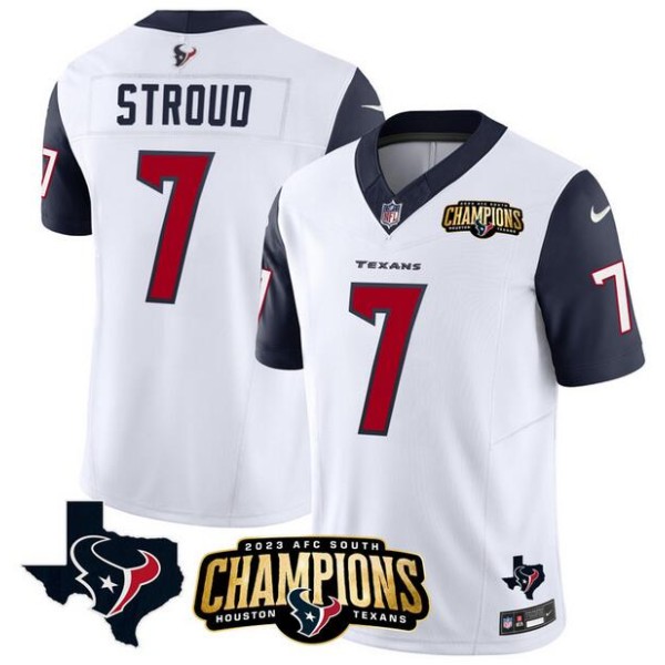 Houston Texans #7 C.J. Stroud White Navy 2023 F.U.S.E. AFC South Champions Patch And Team Logo Patch Vapor Untouchable Limited Stitched Jersey Houston Texans #7 C.J. Stroud White Navy 2023 F.U.S.E. AFC South Champions Patch And Team Logo Patch Vapor Untouchable Limited Stitched Jersey