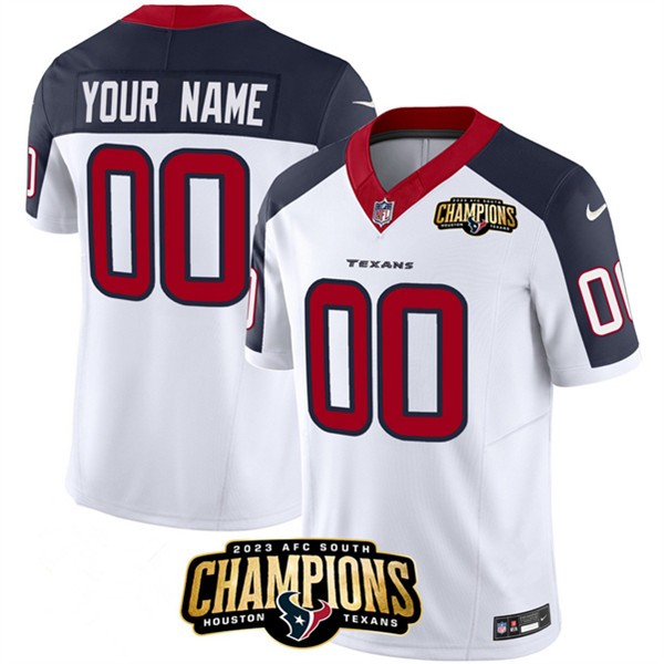Houston Texans Custom White Navy 2023 F.U.S.E. AFC South Champions Patch Vapor Limited Stitched Jersey Houston Texans Custom White Navy 2023 F.U.S.E. AFC South Champions Patch Vapor Limited Stitched Jersey