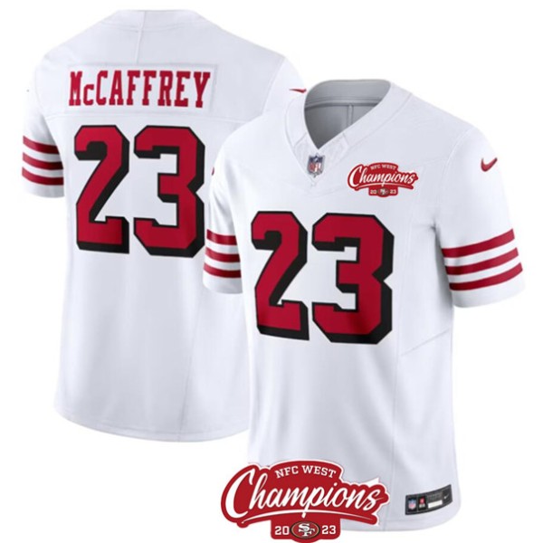San Francisco 49ers #23 Christian McCaffrey White 2023 F.U.S.E. NFC West Champions Patch Alternate Stitched Jersey