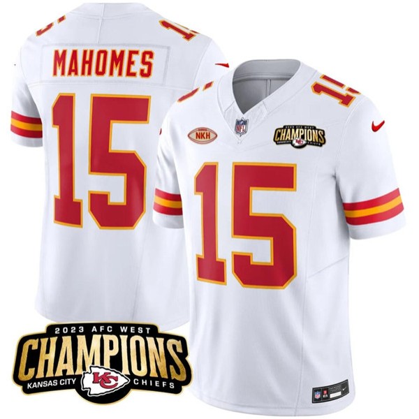 Kansas City Chiefs #15 Patrick Mahomes White 2023 F.U.S.E. AFC West Champions With "NKH" Patch Vapor Untouchable Limited Stitched Jersey
