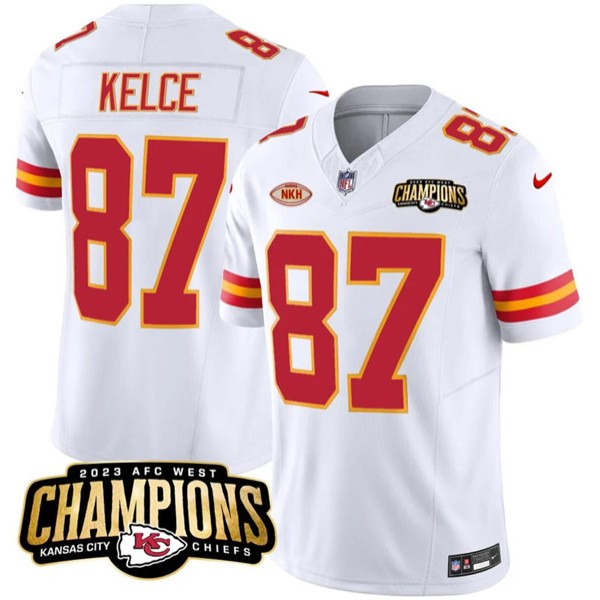 Kansas City Chiefs #87 Travis Kelce White 2023 F.U.S.E. AFC West Champions With "NKH" Patch Vapor Untouchable Limited Stitched Jersey