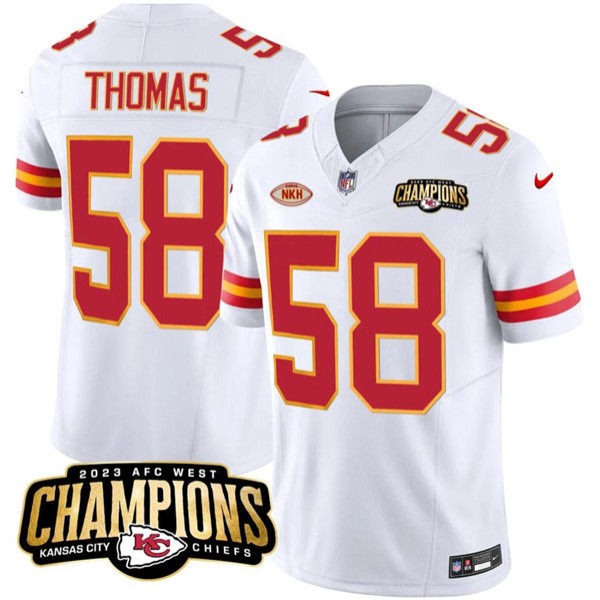 Kansas City Chiefs #58 Derrick Thomas White 2023 F.U.S.E. AFC West Champions With "NKH" Patch Vapor Untouchable Limited Stitched Jersey