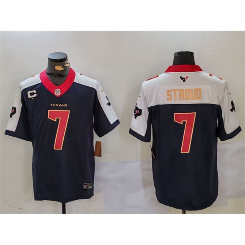 Houston Texans #7 C.J. Stroud Navy White Gold 2024 F.U.S.E. With 1-Star C Patch Limited Stitched Jersey Houston Texans #7 C.J. Stroud Navy White Gold 2024 F.U.S.E. With 1-Star C Patch Limited Stitched Jersey