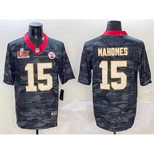 Kansas City Chiefs #15 Patrick Mahomes Black 2025 Super Bowl LIX Patch Camo Vapor Limited Stitched Jersey