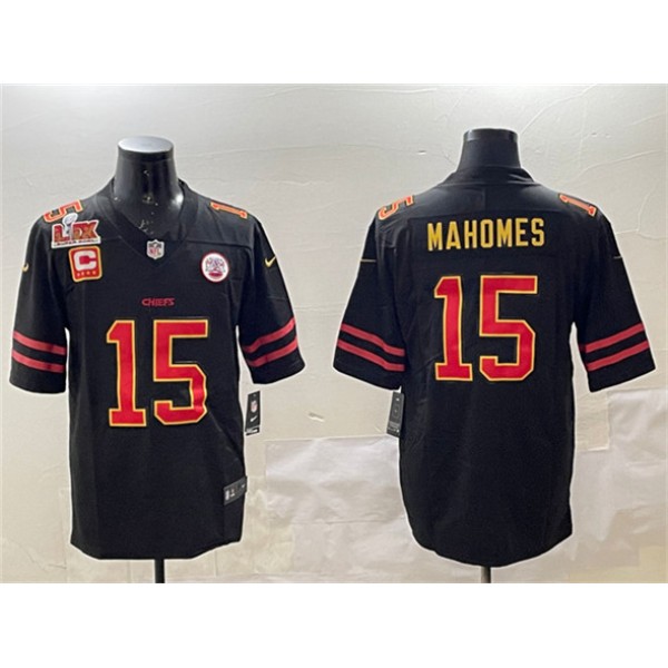 Kansas City Chiefs #15 Patrick Mahomes Black Gold 2025 Super Bowl LIX Patch And 4-Star C Patch Vapor Limited Stitched Jersey
