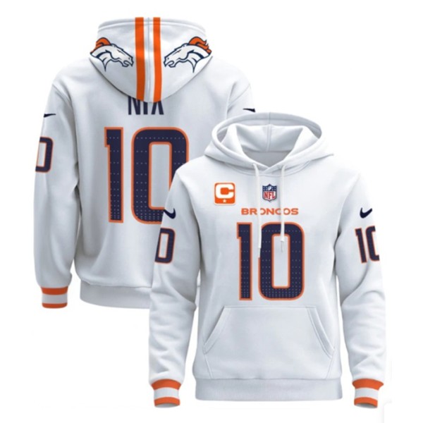 Denver Broncos #10 Bo Nix White With 1-Star C Patch Pullover Hoodie
