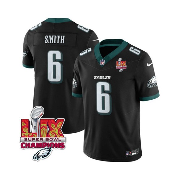 Philadelphia Eagles #6 DeVonta Smith Black 2025 Eagles Logo Super Bowl LIX Patch New F.U.S.E. Vapor Limited Stitched Jersey