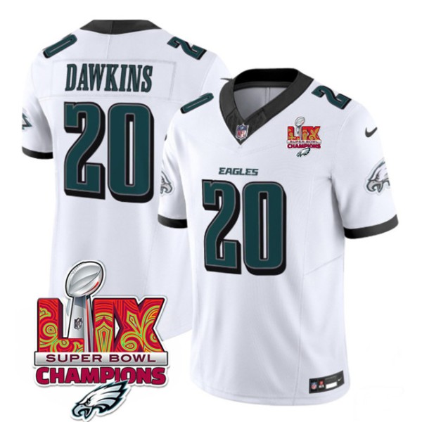 Philadelphia Eagles #20 Brian Dawkins White 2025 Eagles Logo Super Bowl LIX Patch New F.U.S.E. Vapor Untouchable Limited Stitched Jersey