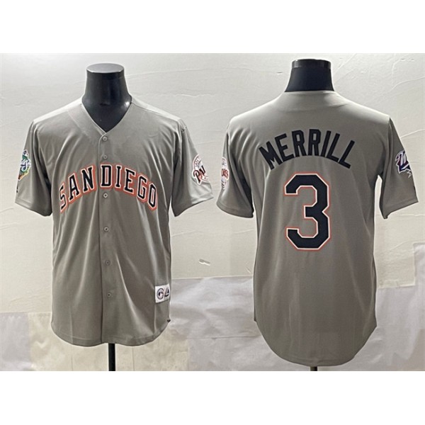 San Diego Padres #3 Jackson Merrill Gray Fashion Throwback With Patch Cool Base Stitched Jersey