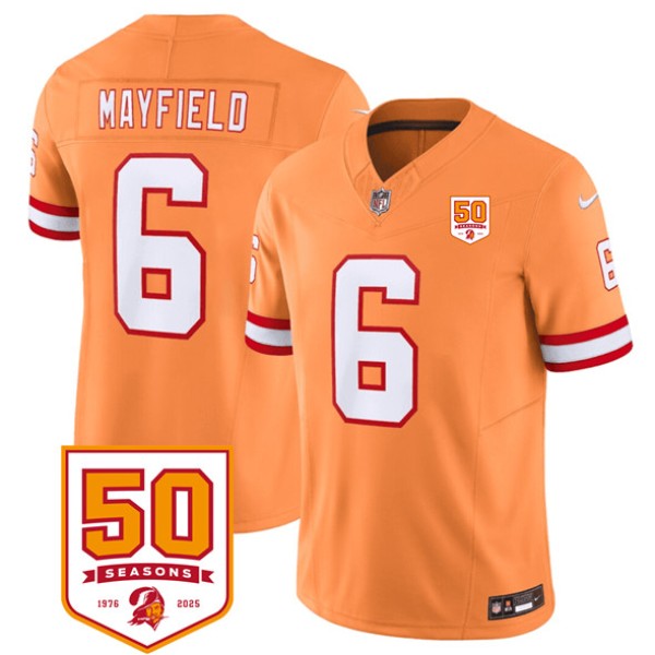 Tampa Bay Buccaneers #6 Baker Mayfield Orange 2025 F.U.S.E. 50th Anniversary Patch Vapor Untouchable Limited Football Stitched Jersey