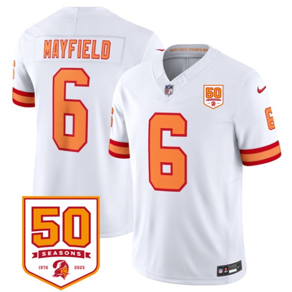 Tampa Bay Buccaneers #6 Baker Mayfield White 2025 F.U.S.E. 50th Anniversary Patch Vapor Untouchable Limited Football Stitched Jersey