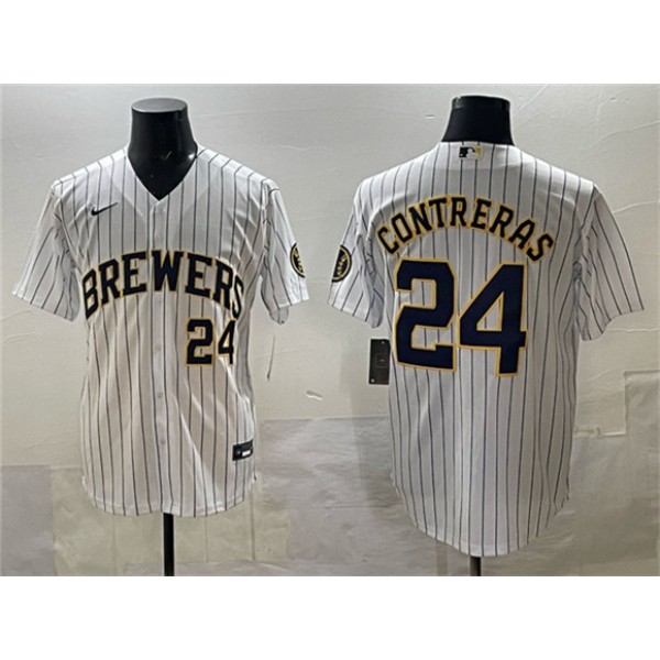 Milwaukee Brewers #24 William Contreras White Pinstripe 2025 With Patch Stitched Stitched Jersey