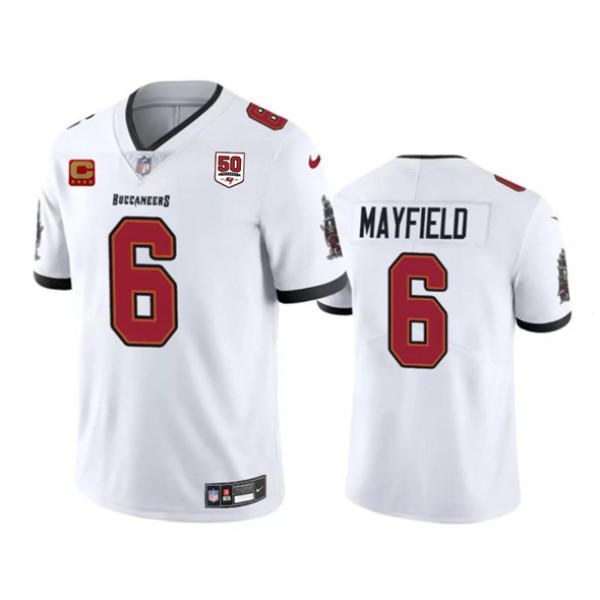 Tampa Bay Buccaneers #6 Baker Mayfield White 2025 50th Anniversary Patch And 4-Star C Patch Vapor Untouchable Limited Football Stitched Jersey