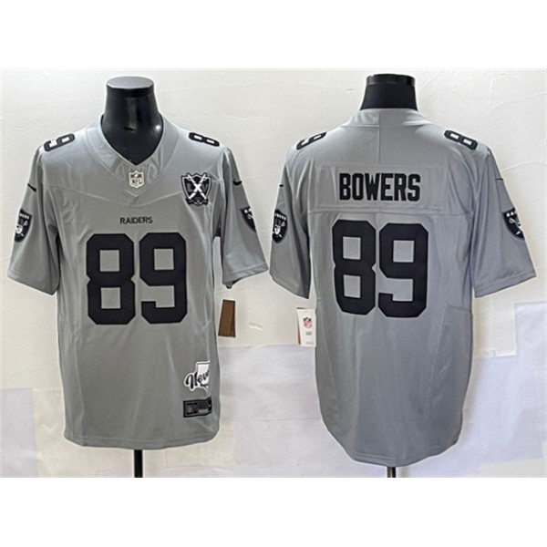 Las Vegas Raiders #89 Brock Bowers Gray 2024 F.U.S.E With Nevada Silver Stat Patch And 65th Anniversary Patch Stitched Football Jersey
