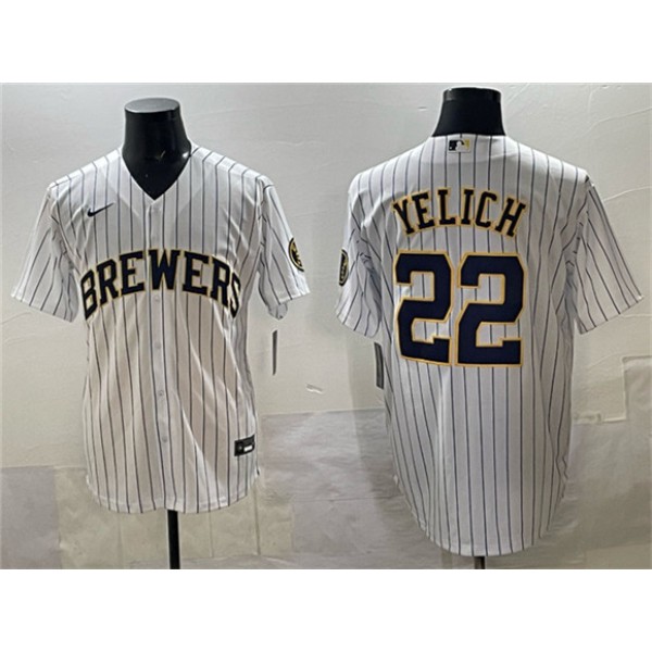 Milwaukee Brewers #22 Christian Yelich White Pinstripe 2025 With Patch Stitched Jersey