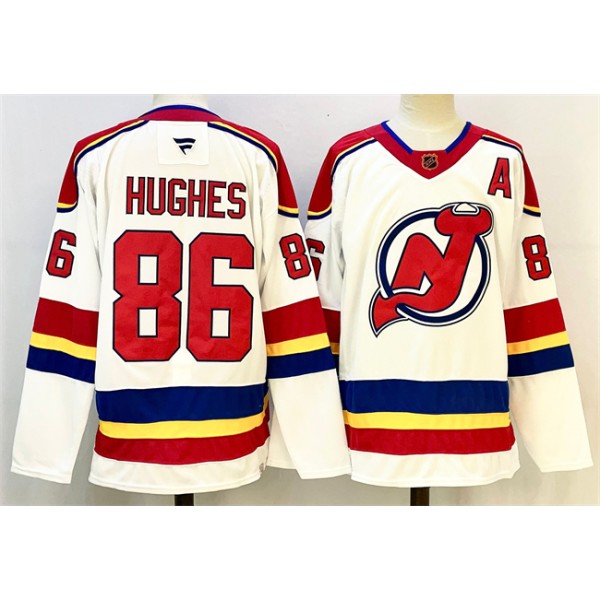New Jersey Devils #86 Jack Hughes White Red 2024-25 With A Patch Stitched Jersey