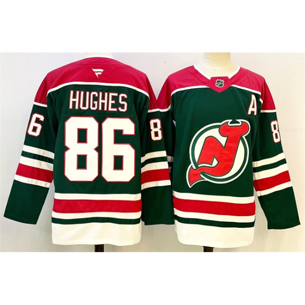 New Jersey Devils #86 Jack Hughes Green Red 2024-25 With A Patch Stitched Jersey