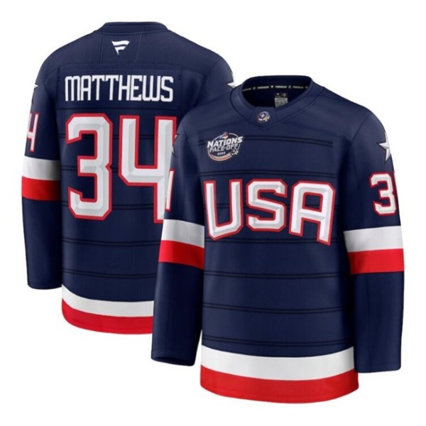 USA #34 Auston Matthews Navy 2025 4 Nations Face-Off Stitched Jersey