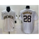 Milwaukee Brewers #28 Andrew Vaughn White Pinstripe 2025 With Patch Stitched Jersey