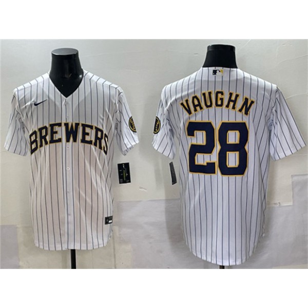 Milwaukee Brewers #28 Andrew Vaughn White Pinstripe 2025 With Patch Stitched Jersey