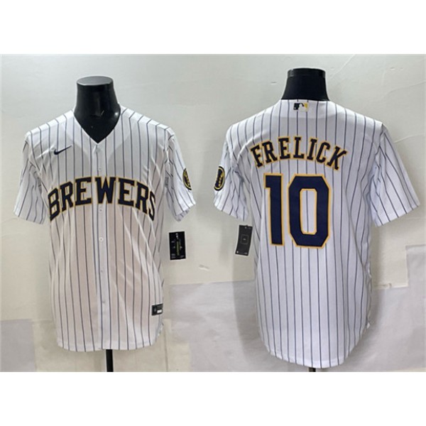 Milwaukee Brewers #10 Sal Frelick White Pinstripe 2025 With Patch Stitched Jersey