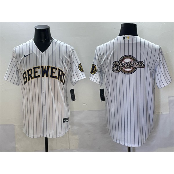 Milwaukee Brewers Team Big Logo White Pinstripe 2025 With Patch Stitched Jersey