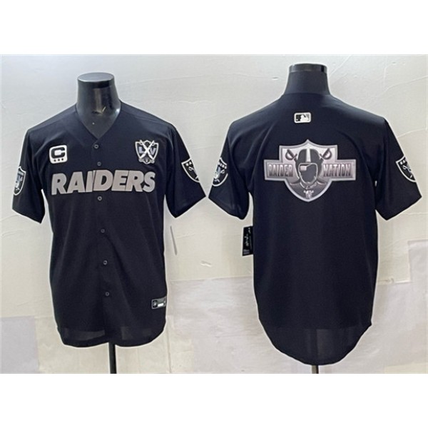 Las Vegas Raiders Team Big Logo Black With Nevada Silver Stat Patch And 65th Anniversary Patch 3-Star C Patch Stitched Jersey
