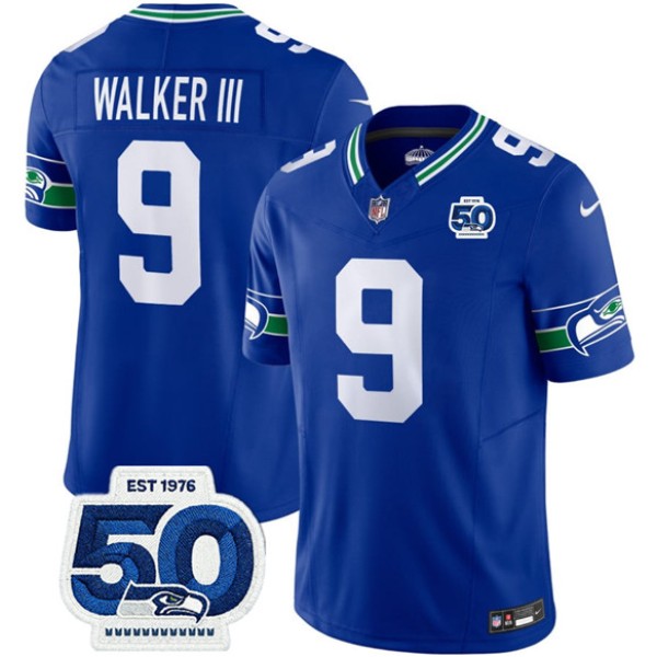 Seattle Seahawks #9 Kenneth Walker III Royal 2025 F.U.S.E 50th Anniversary Patch Throwback Vapor Limited Football Stitched Jersey