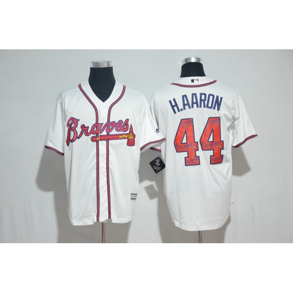 Atlanta Braves #44 Hank Aaron White Team Logo Print Cool Base Stitched Jersey