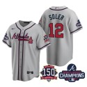 Atlanta Braves #12 Jorge Soler 2021 Gray World Series Champions With 150th Anniversary Patch Cool Base Stitched Jersey
