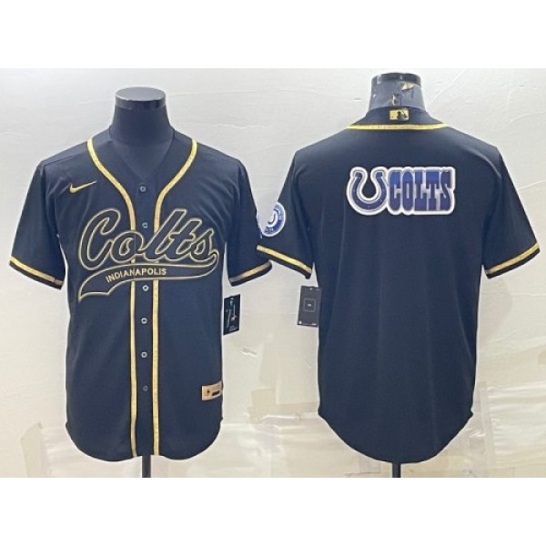 Indianapolis Colts Black Gold Team Big Logo With Patch Cool Base Stitched Baseball Jersey