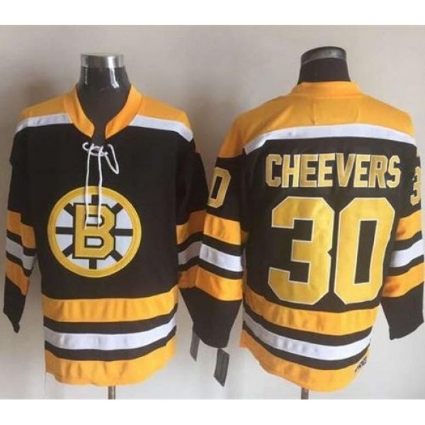 Bruins #30 Gerry Cheevers Black Yellow CCM Throwback New Stitched Jersey