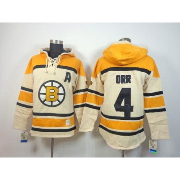 Bruins #4 Bobby Orr Cream Sawyer Hooded Sweatshirt Stitched Jersey