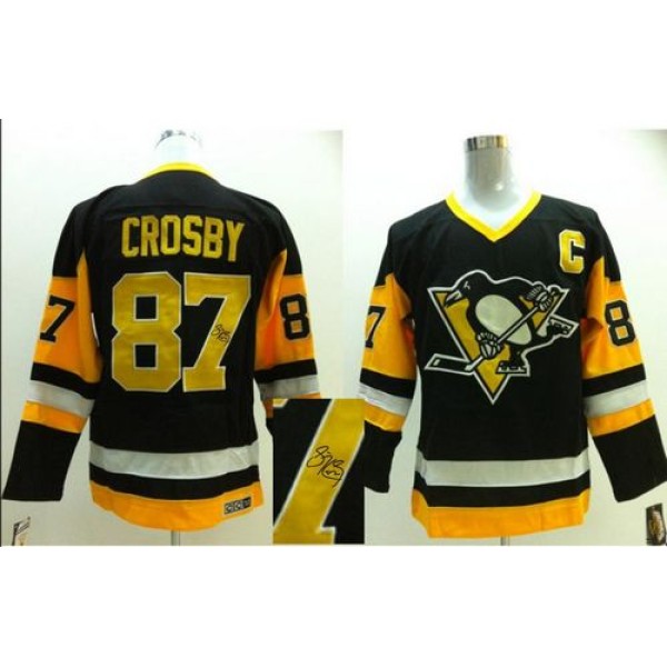 Penguins #87 Sidney Crosby Black CCM Throwback Autographed Stitched Jersey