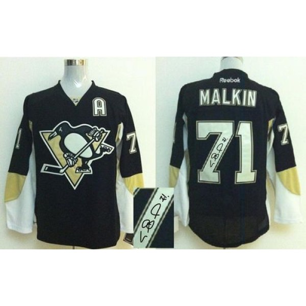 Penguins #71 Evgeni Malkin Black Autographed Stitched Jersey