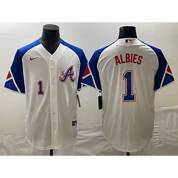 Atlanta Braves #1 Ozzie Albies White 2023 City Connect Cool Base With Patch Stitched Jersey