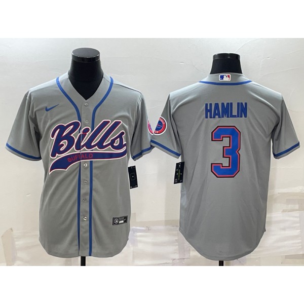 Buffalo Bills #3 Damar Hamlin Gray With Patch Cool Base Stitched Baseball Jersey