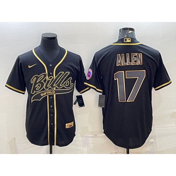 Buffalo Bills #17 Josh Allen Black Gold Edition With Patch Cool Base Stitched Baseball Jersey