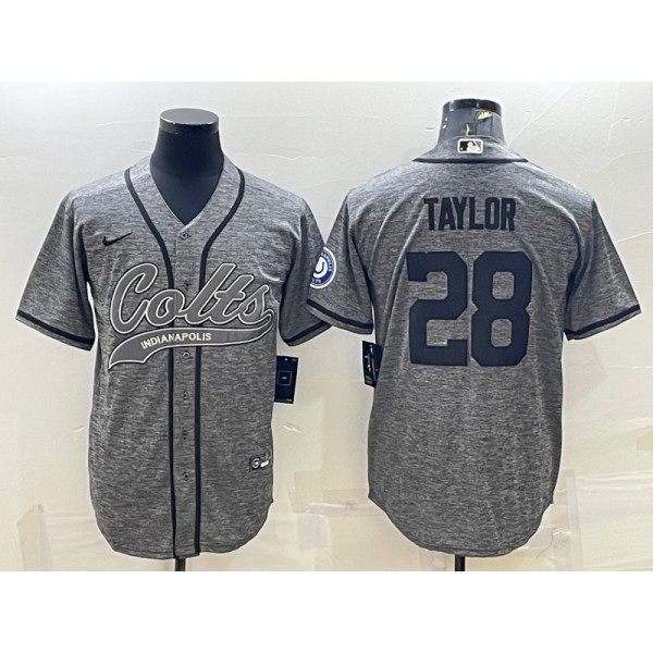Indianapolis Colts #28 Jonathan Taylor Grey With Patch Cool Base Stitched Baseball Jersey