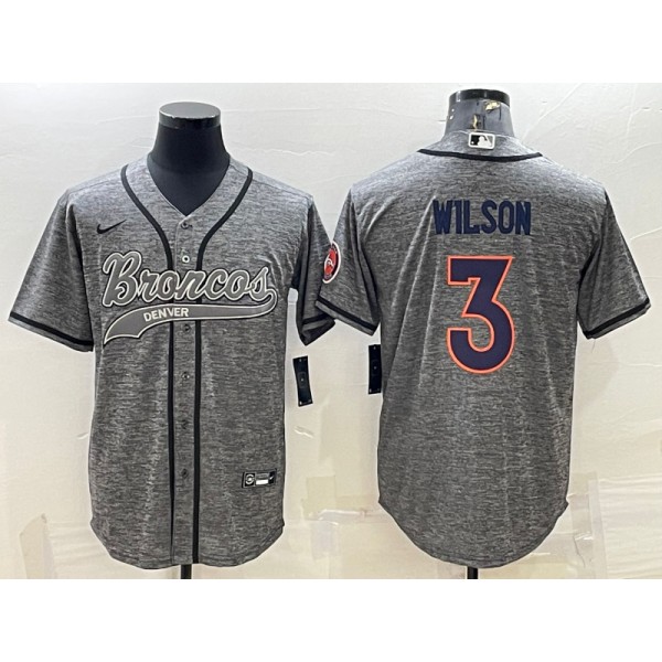 Denver Broncos #3 Russell Wilson Grey With Patch Cool Base Stitched Baseball Jersey