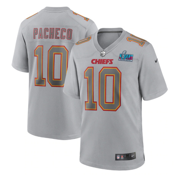 Kansas City Chiefs #10 Isiah Pacheco Gray Super Bowl LVII Patch Atmosphere Fashion Stitched Game Jersey