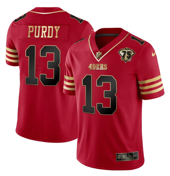 San Francisco 49ers #13 Brock Purdy Red Gold With 75th Patch Cool Base Stitched Jersey