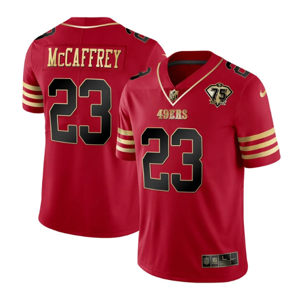 San Francisco 49ers #23 Christian McCaffrey Red Gold With 75th Patch Cool Base Stitched Jersey