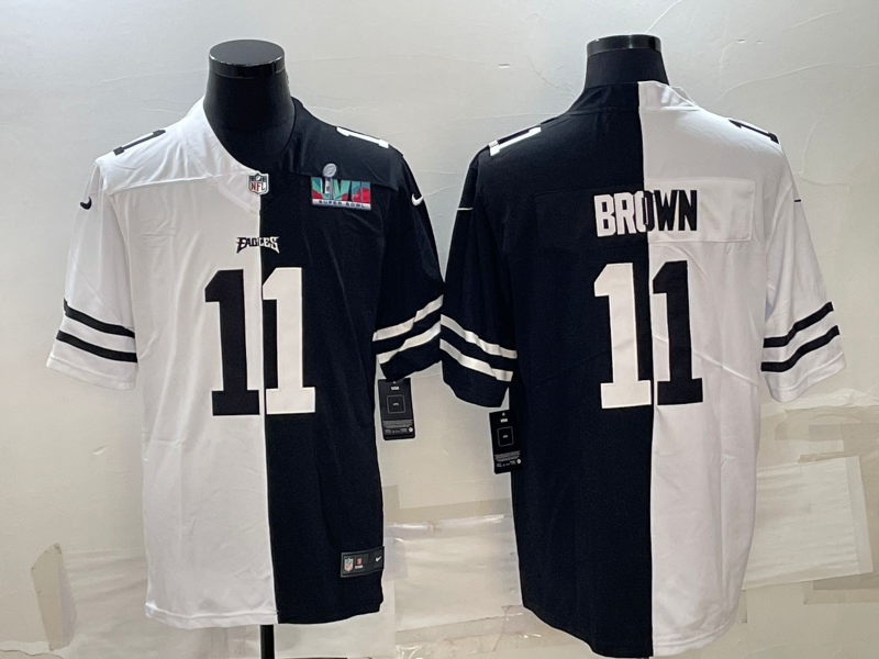 Philadelphia Eagles #11 A.J. Brown Black White Split Super Bowl LVII Patch Limited Stitched Jersey