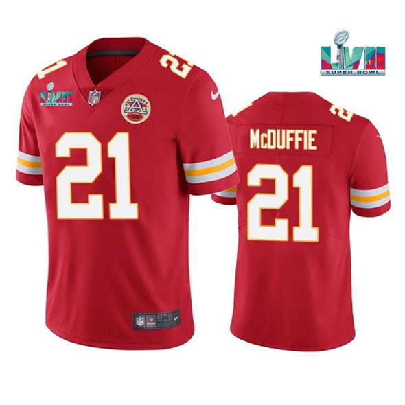 Kansas City Chiefs #21 Trent McDuffie Red Super Bowl LVII Patch Vapor Untouchable Limited Stitched Jersey