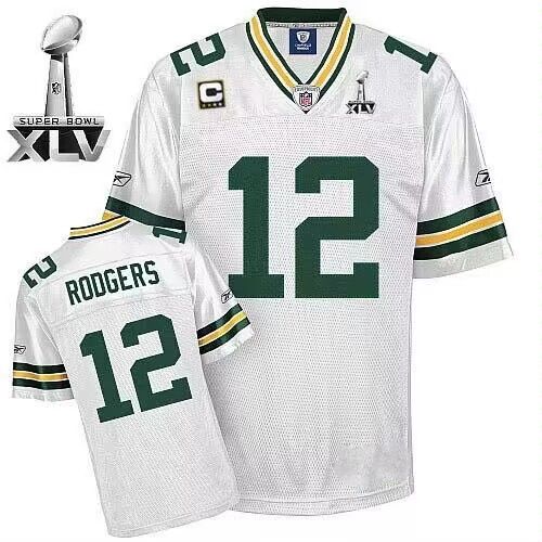 Green Bay Packers #12 Aaron Rodgers White With Super Bowl XLV And C Patch Stitched Jersey